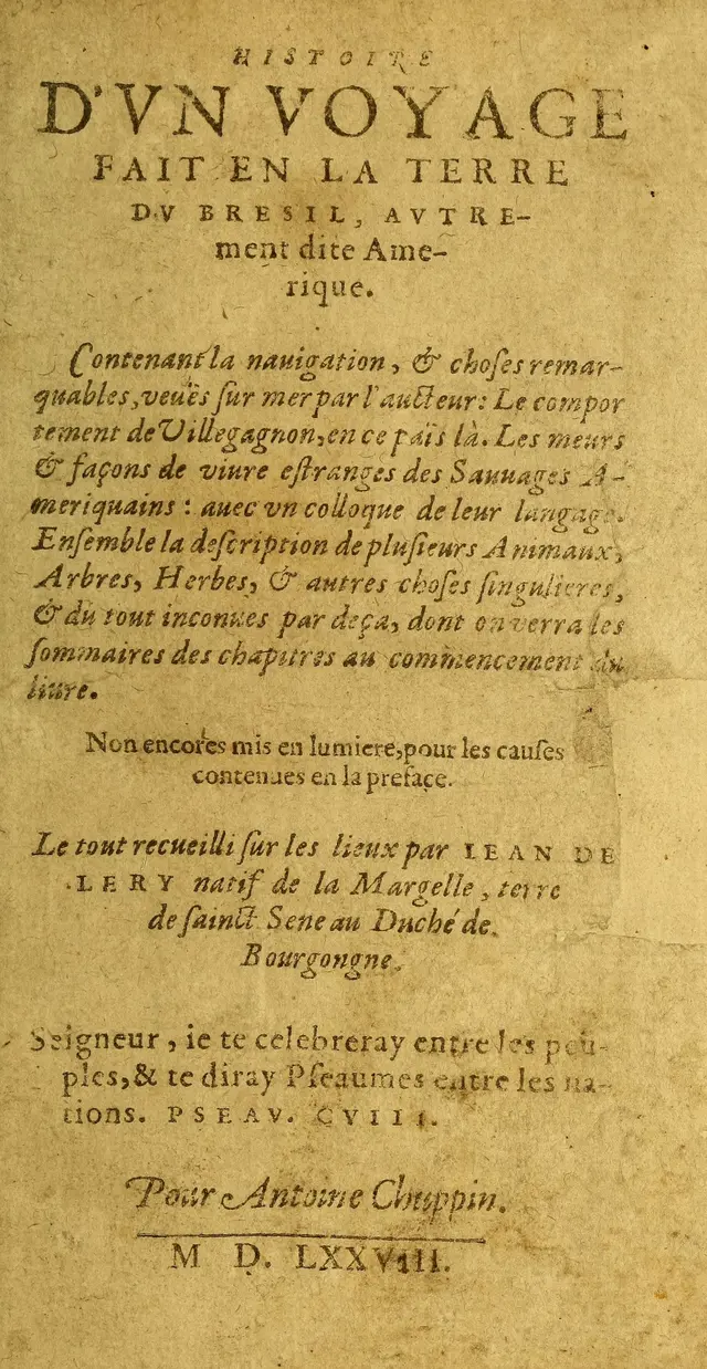 Página de rosto da Histoire d’un voyage — Jean de Léry, 1578